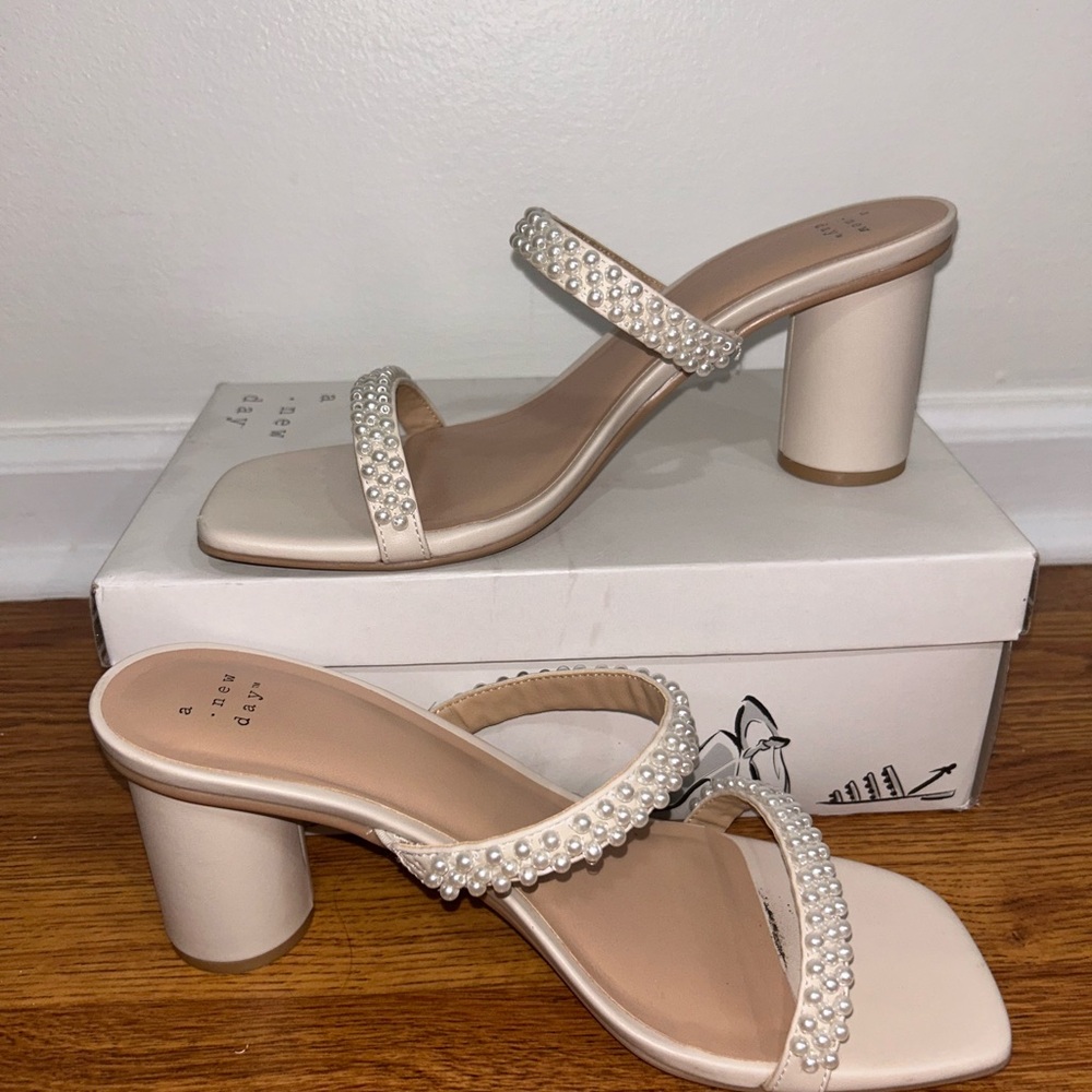 a new day Pearl-Embellished Cream Block Heel Sandals